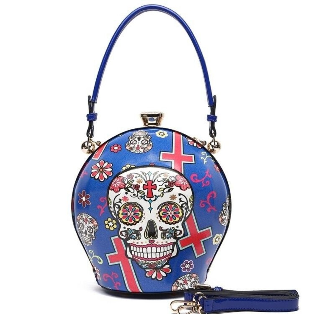 Blue Sugar Skull Ball Handbag Rhinestone Carry Handbag - Picture 2 of 2
